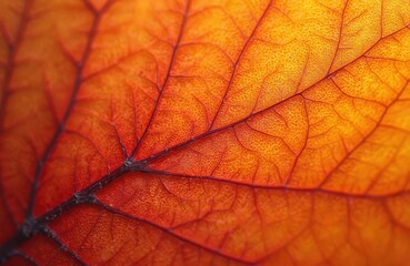 Obraz premium Macro view of red, orange leaf intricate vein patterns, organic texture. Translucent quality allows light to pass through, creating warm glow. Close-up highlights natural beauty of autumn foliage.