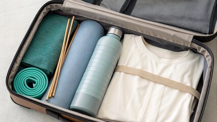 Overhead shot of an open suitcase neatly packed with athletic wear and accessories, including a yoga mat, resistance bands, a water bottle, and clothing, ready for a fitness trip.

