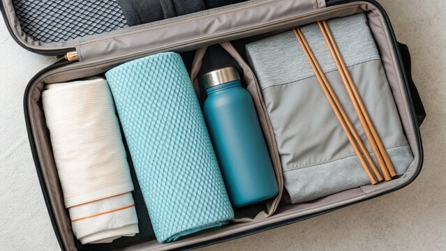 A close-up view of a travel suitcase showcasing an efficiently organized layout of sports and leisure essentials for a healthy and active journey.

