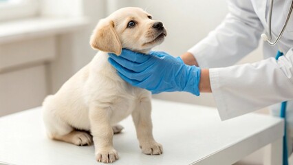 A cute yellow Labrador puppy sits calmly on a white examination table, while a veterinarian in blue gloves gently checks its neck during a routine check-up.

