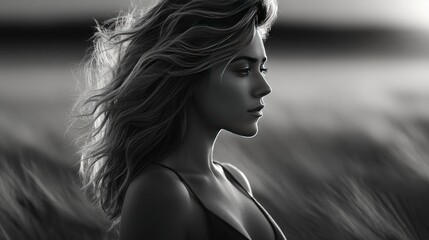 Naklejka premium Profile of a woman with flowing hair in a field.