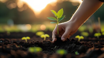 a person’s hand carefully planting a young green plant in dark soil