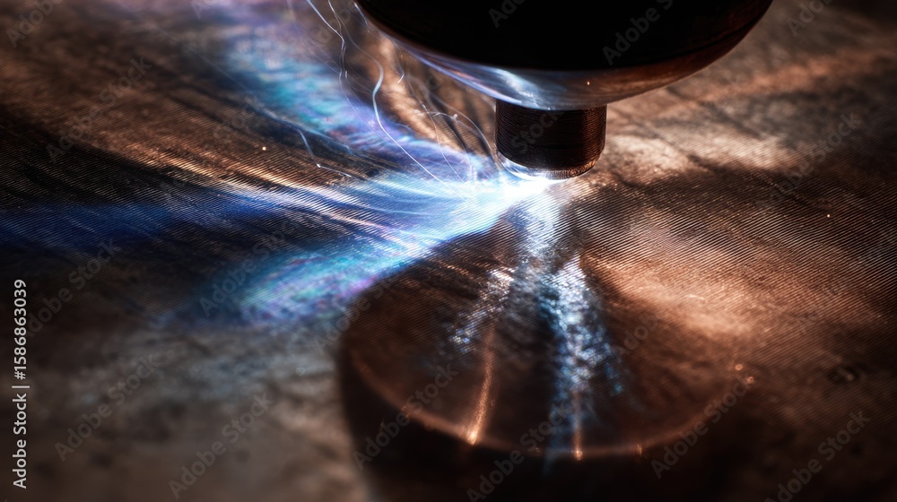 Aufkleber plasma dust welder creating intense blue light while sealing asteroid mining bag, generating dynamic