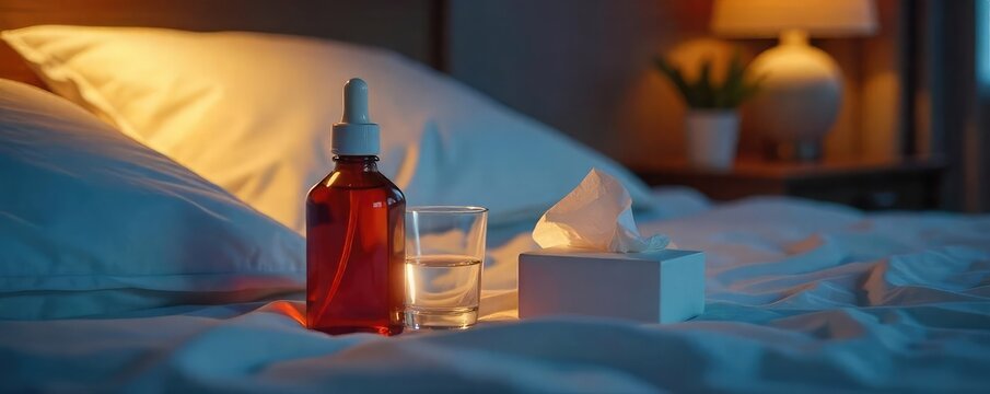 Nighttime Cough Relief Medicine, Water, and Tissues on a Bedroom Nightstand