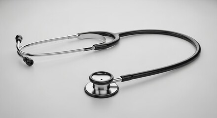 A black stethoscope lies on a white surface, ready for use.