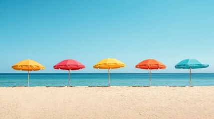 Vibrant Beach Umbrellas in Assorted Colors Dotting a Pristine Sandy Shore with the Soothing Azure Ocean and Sky Providing a Calming and Rejuvenating Backdrop for a Relaxing Vacation or Tropical