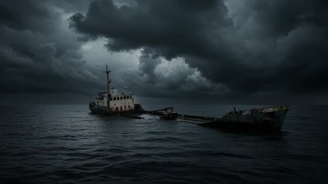 Desolate shipwreck sinking in a dark ocean. A dramatic view of a broken, rusty boat under a stormy sky.