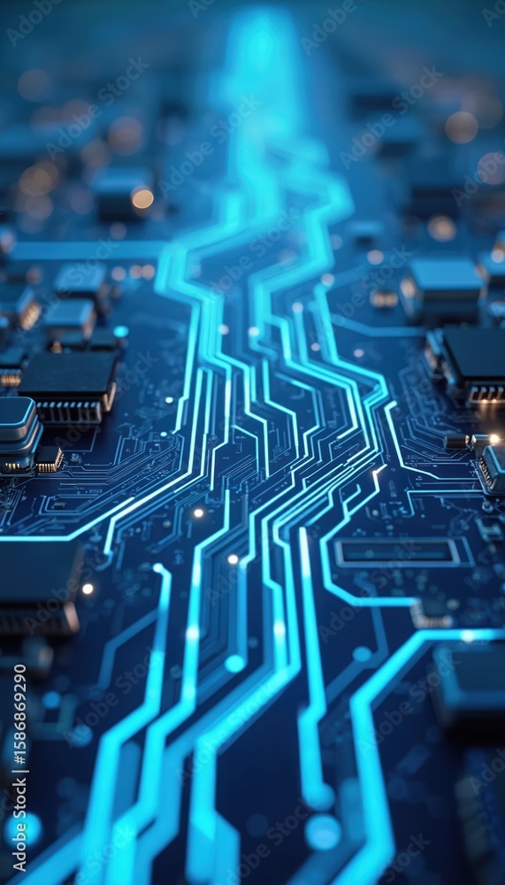 Poster close-up of blue circuit board with glowing neon light lines indicating data flow. features intricat