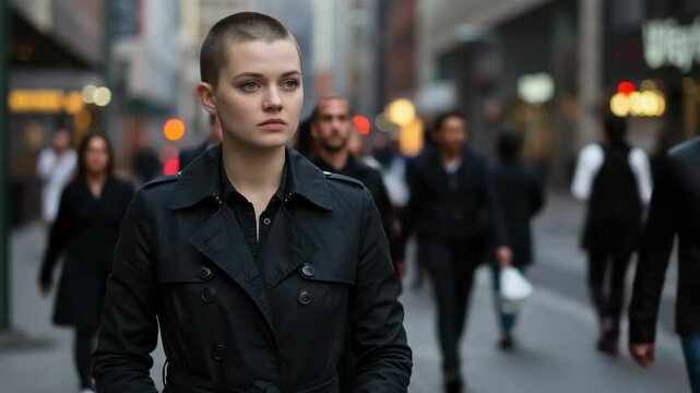 Determined young Caucasian woman with a buzz cut hairstyle walking on a busy urban street with a pensive expression.