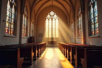 Fototapeta premium Serene Church Interior Sunlight Streaming Through Stained Glass Windows, Perfect for Faith, Spirituality, and Hope Concepts