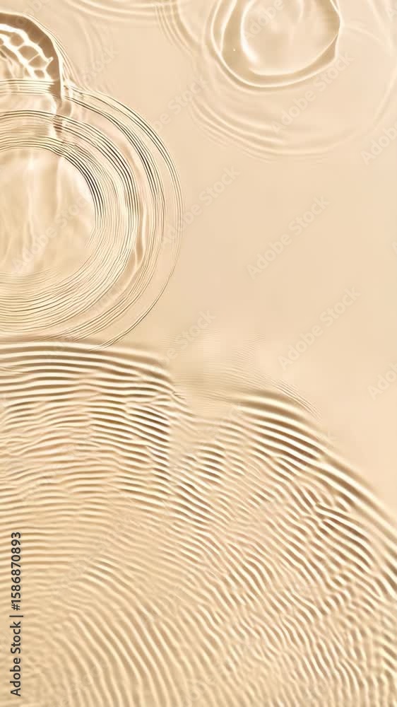 Poster light tan colored fluid surface with concentric ripple patterns, sunlight creates a subtle liquid ca
