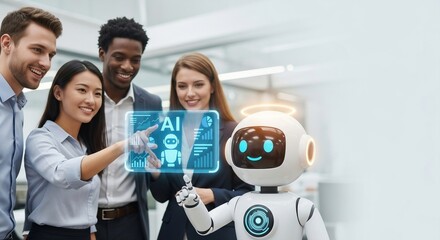 Modern business team collaborates with AI robot on holographic display about AI