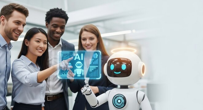 Modern business team collaborates with AI robot on holographic display about AI