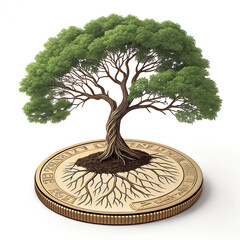 Tree Growing on Coin Symbolizing Wealth and Nature