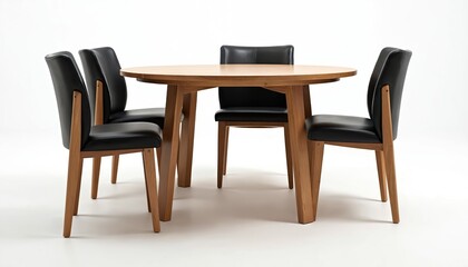 Modern round wooden dining table set with four black leather chairs. Natural wood finish, sleek design suitable for contemporary homes, cafes, dining rooms. Focus on elegant, minimalist furniture