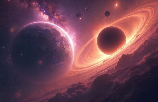 Massive colorful black hole with planets orbiting in distant galaxy. Swirling accretion disk glows with intense orange light. Purple, textured planet dominates foreground. Cosmic nebula, stars fill