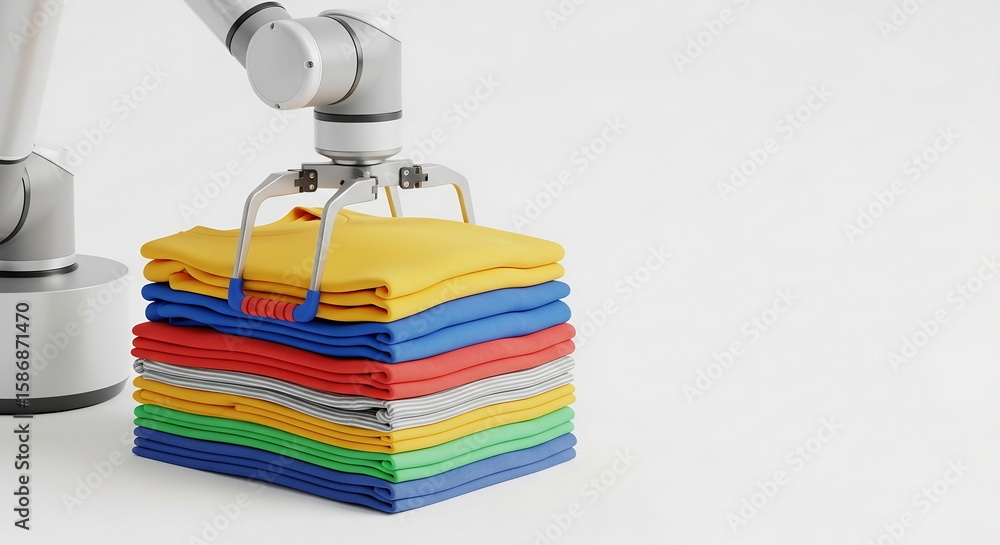Poster robotic arm precisely handling colorful folded laundry - with white copy space