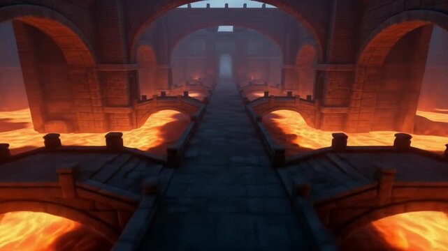 Ancient stone bridge over flowing lava in fantasy dungeon tunnel with dramatic glowing light.