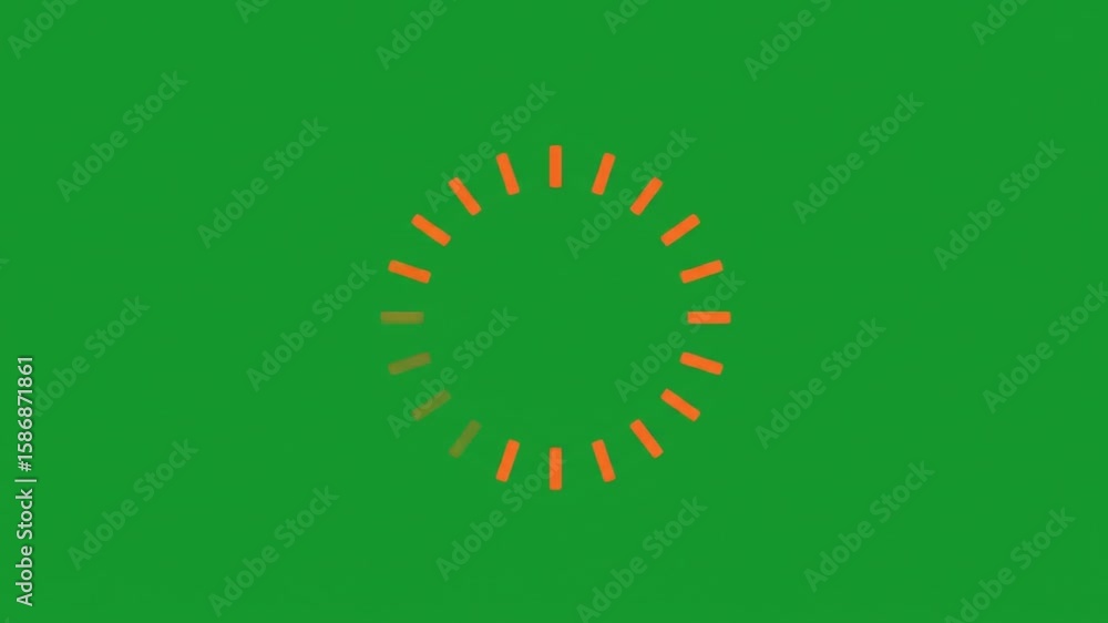 Poster animated orange loading circle with segmented lines rotating on a solid green background chroma key 