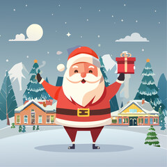 Santa Claus in full joy ready to distribute gifts in a small town