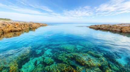 Mesmerizing crystal clear tide pools revealing a vibrant underwater ecosystem teeming with diverse marine life on a secluded and picturesque sandy beach