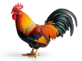 Fototapeta premium Elegant rooster with black-green tail and red comb, isolated on white in vivid 8K detail.