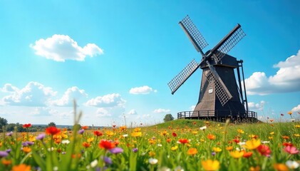 Vibrant Springtime Windmill Silhouette Against a Blue Sky, Wildflowers Blooming in the Foreground ? Perfect for Spring, Nature, and Rural Themes