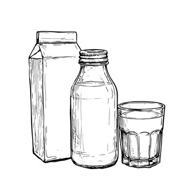 Package and bottle of maloka, glass of milk or kefir, black and white silhouette. Vector illustration. Milk drink, yogurt, healthy, isolated on white background. For invitations, cards, textiles 