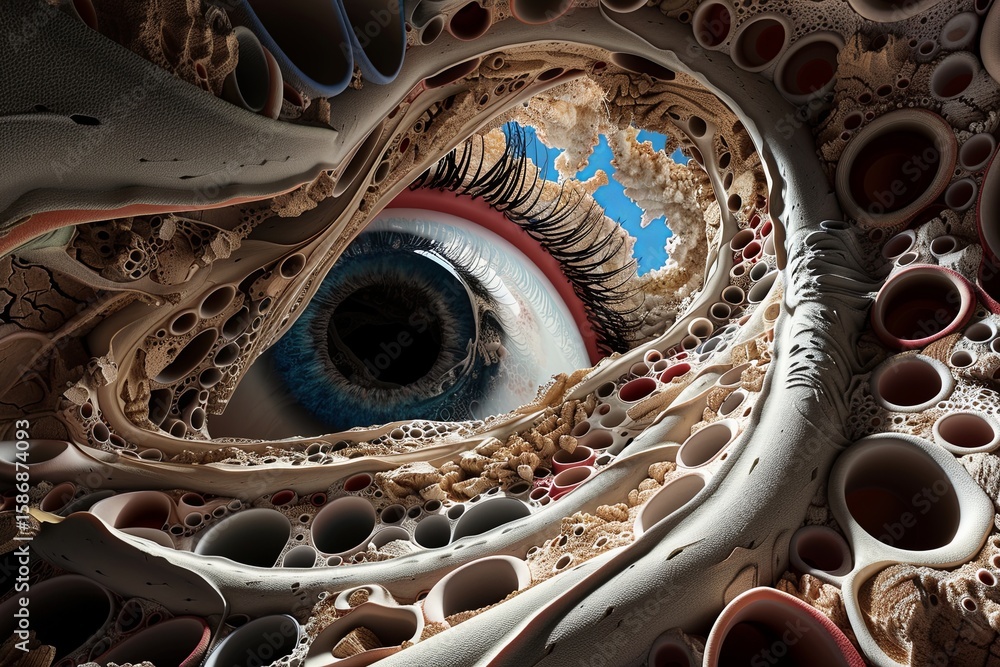 Aufkleber surreal eye emerges from abstract organic forms in mysterious internal landscape. daytime light enha