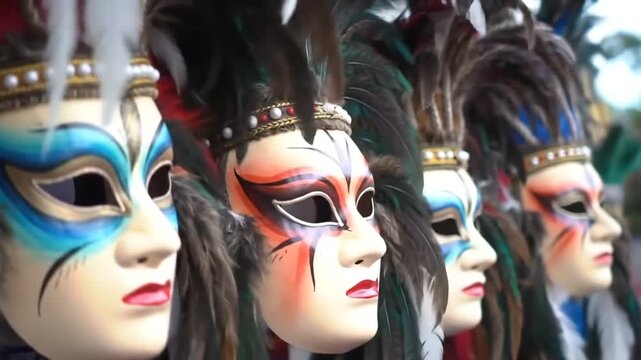 Close up view of colorful venetian masks with feathers and beaded headbands on display row