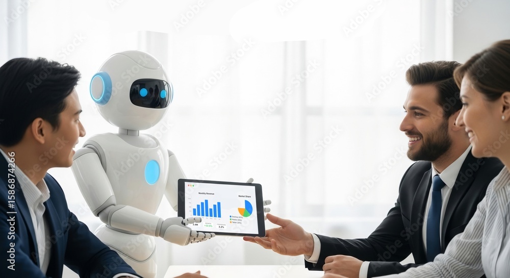 Aufkleber ai robot presents digital business data to smiling professionals - with white copy space