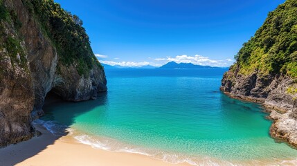 Obraz premium Majestic cliffs framing a secluded beach with turquoise water in a tropical paradise Peaceful and serene coastal landscape perfect for vacation and travel adventures