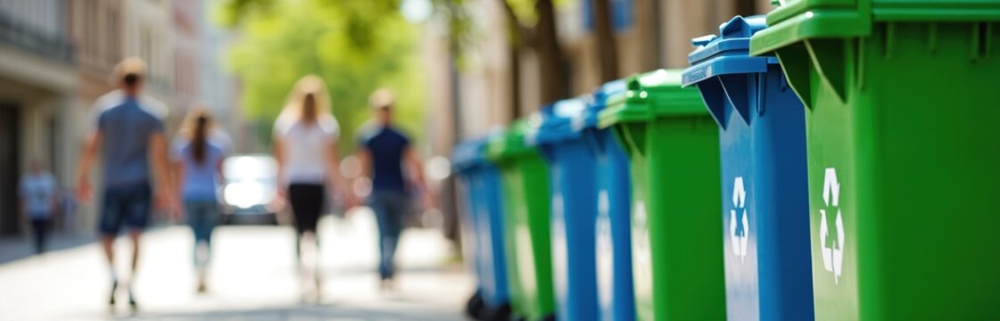 Row of green, blue recycling bins on urban street. Focus on bins with recycling symbols. Blurred background shows pedestrians walking on sidewalk near buildings. Promotes environmental care,