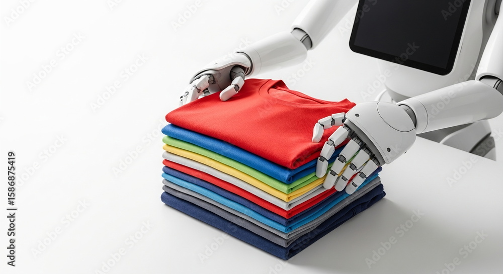 Poster robot assistant neatly folding colorful clothes on white surface