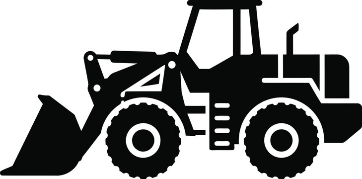 Black silhouette illustration of a front loader, heavy machinery, construction equipment.