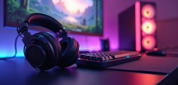 Stylish gaming setup with headphones on desk beside mechanical keyboard, computer. Ambient RGB lighting creates colorful glow around workspace. Modern tech gear for gamers includes monitor, mouse,