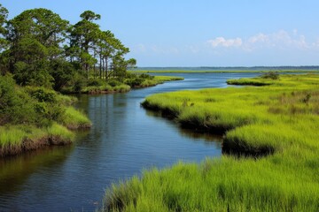 Fototapeta premium Coastal marsh waterway, sunny day, tranquil scene, nature travel poster