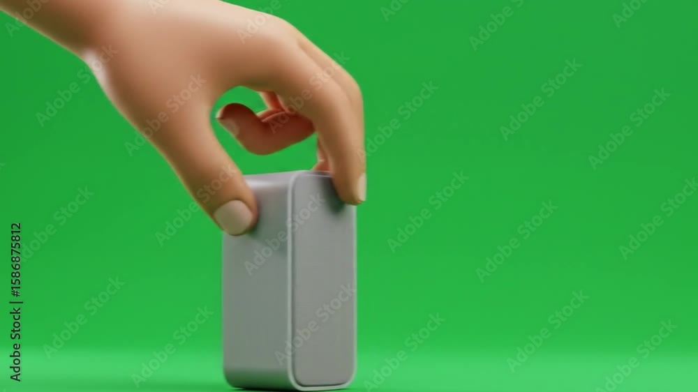 Poster hand holding a gray rectangular object against a green screen studio backdrop in a studio setting