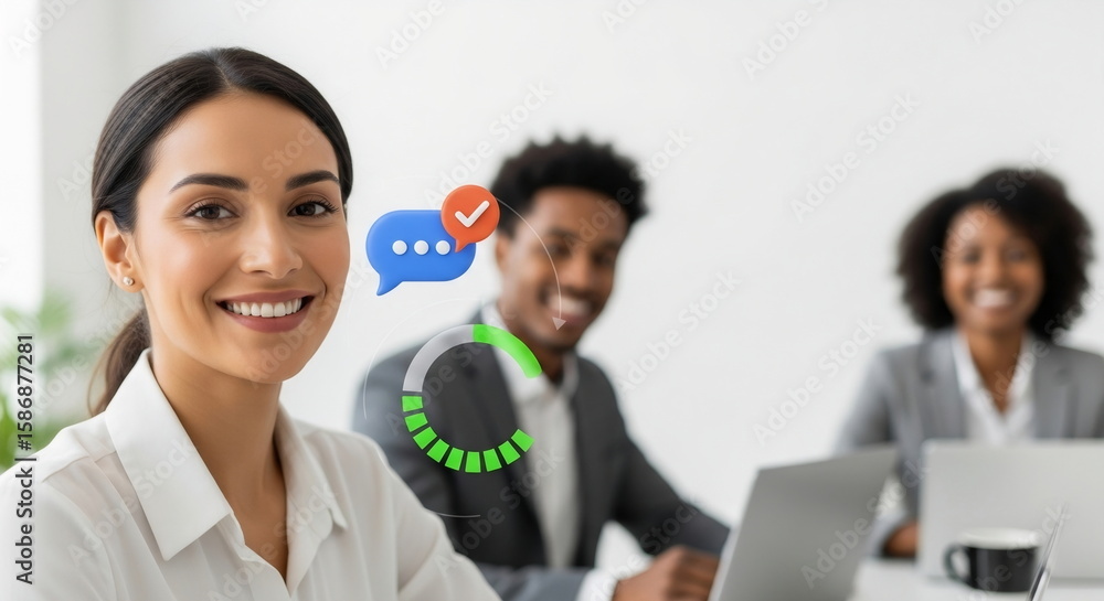 Poster smiling team in modern office with communication and progress icons