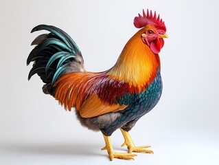 Fototapeta premium Elegant rooster with black-green tail and red comb, isolated on white in vivid 8K detail.