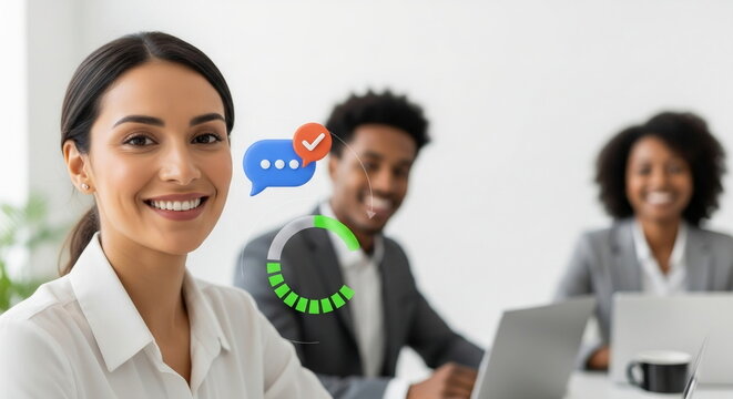 Smiling team in modern office with communication and progress icons