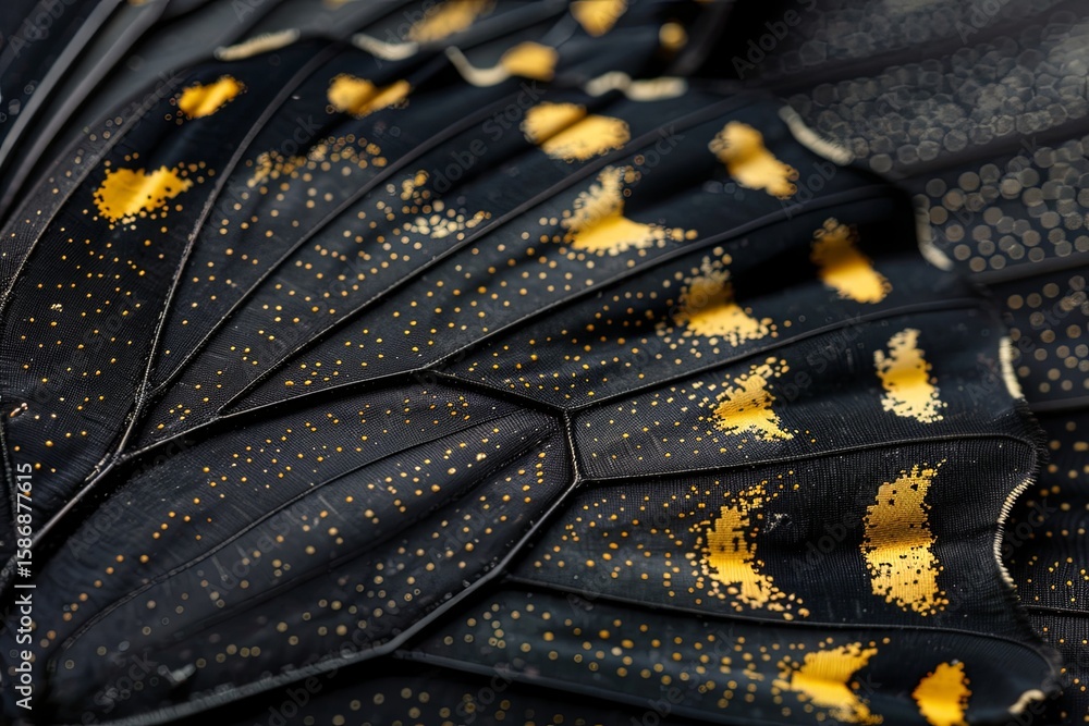 Poster close-up of an intricate butterfly resting indoors during daytime. elegant details and mysterious pa