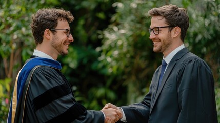 Successful graduate shaking hands with mentor in an encouraging professional setting signifying the graduate s achievement career growth and the mentor s guidance and support