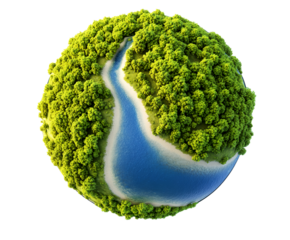 A detailed globe shaped depiction of a lush thriving natural environment with a calm reflective body of water nestled within a verdant flourishing landscape