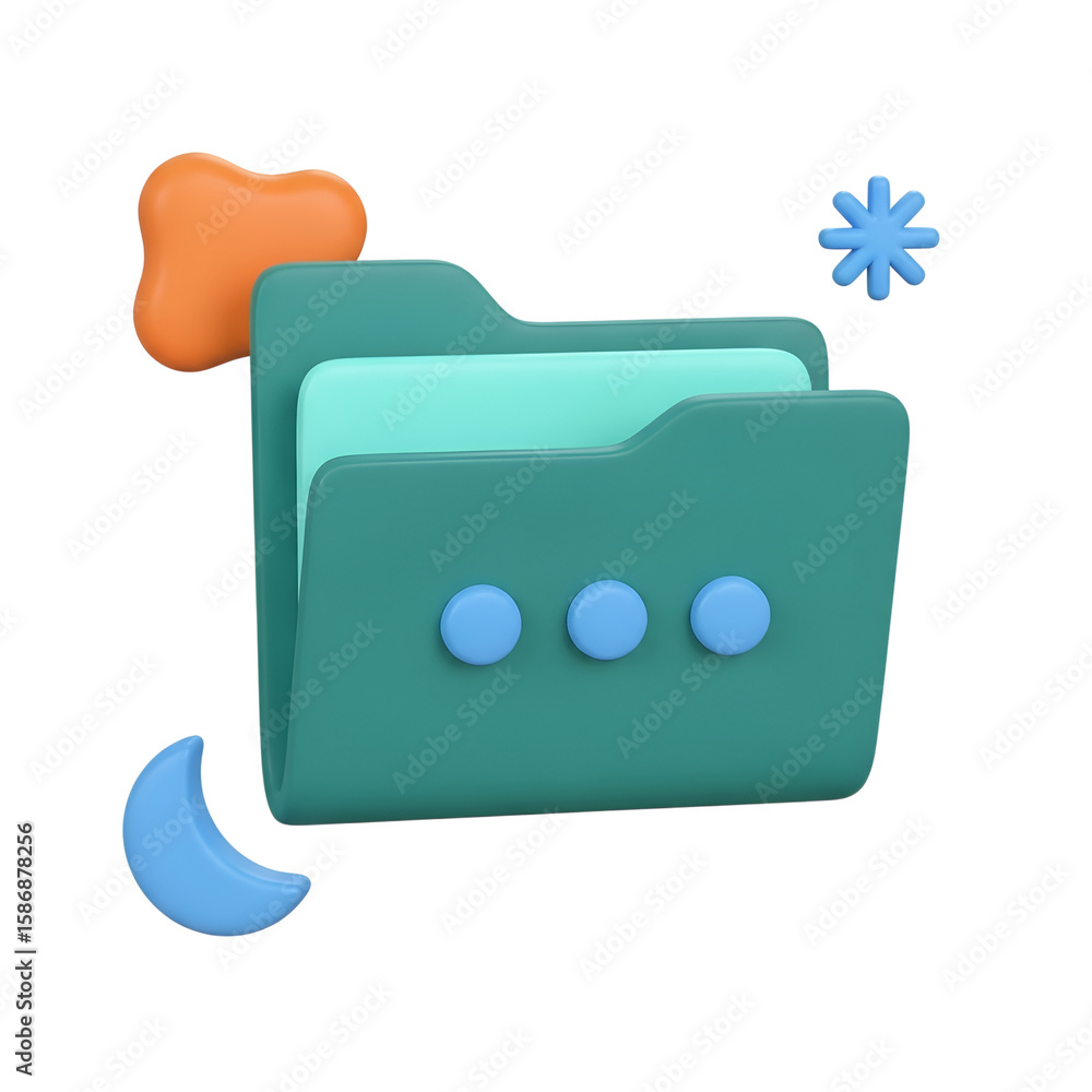 Poster 3d icon of teal folder icon with abstract shapes and moon symbol isolated on transparent background
