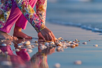 Girl collecting seashells on beach at sunset