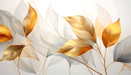 Luxurious abstract background with shimmering gold foil leaves and delicate, translucent grey botanicals on a modern white canvas, creating an elegant and sophisticated design.