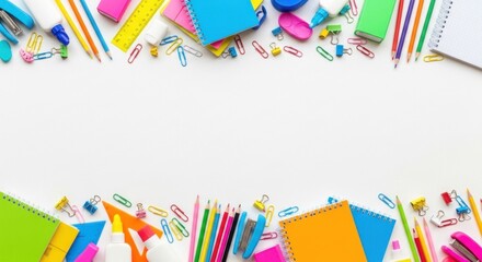 Colorful array of school supplies arranged on a white background, creating a border.