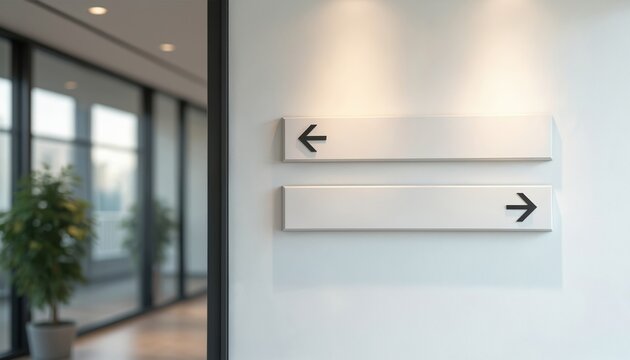 Clean indoor wayfinding signs mockup for modern office spaces. Features minimalist directional signage with arrows indicating left, right paths. Contemporary design facilitates navigation in bright,