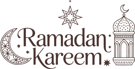 Ramadan Kareem Text Illustration with Crescent Moon Star Lantern and Decorative Elements